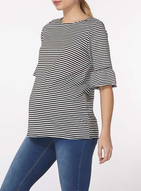 **Maternity Monochrome Striped Frill Sleeve Top